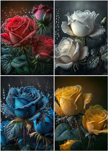 OdiuK 4 Stück Diamond Painting Set, 5D Full Diamant Painting Bilder für Erwachsene DIY Rose Blume Drill Strass Stickerei Kreuzstich Set für Home Wand Valentinstag Décor 30x40cm