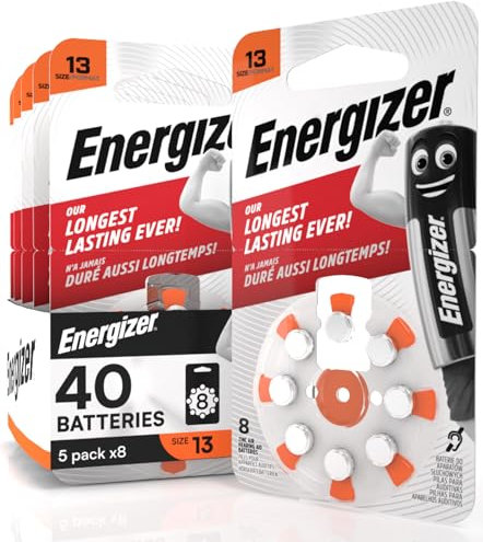 Lot de 40 piles acoustiques énergétiques pour appareils auditifs pour écouteurs taille 13 orange avec technologie PowerSeal - 5 ampoules de 8 piles