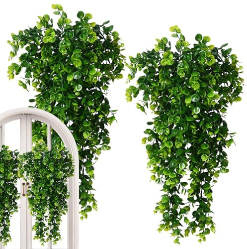 Planta colgante artificial – Planta colgante redonda de ratán | Paquete de 2 plantas artificiales colgantes realistas | Eucalipto colgante en maceta falsa para el hogar y el jardín