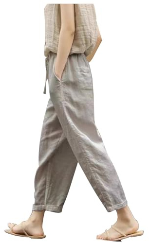 RLEHJN Pantalon en Coton Et Lin pour Femmes Pantalon Été Femme Coton Lin Harem Pantalons Taille Elastique Pants 7/8 Solide Couleur Léger Cordon Sport Pants De Plage avec Poche Vêtements De Sport