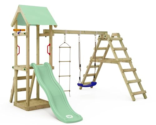 WICKEY Spielturm Klettergerüst TinyLoft mit Schaukel & Rutsche, Outdoor Kinder Kletterturm mit Sandkasten, Leiter & Spiel-Zubehör für den Garten (pastellgrün)