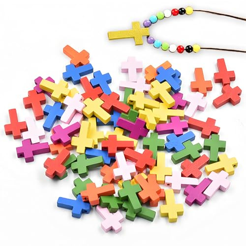 CHENNAN 100 Pezzi Colori Ciondoli Croce di Legno, Naturale Ciondoli Piccolo Crocifisso Ligneo Croci, Perline Piccole Croci Di Legno Sfuse Pendenti, per Favori Di Partito, Fai Da Te Decorazione (B)