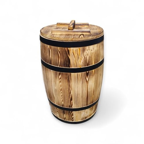Barril de madera con tapa y aro de metal – Hecho de madera quemada de estilo vintage – Barril rústico para jardín, agua de lluvia o decoración, 135 litros