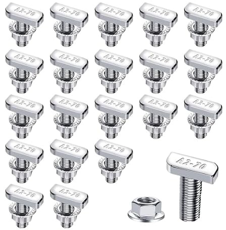 Favengo 20PCS Tornillos de Cabeza de Martillo M8*20 mm, Tuerca Cabeza Martillo de Acero Inoxidable, Tornillos para Rieles en Forma de T Con Tuercas de Brida, para Invernadero y Fotovoltaica