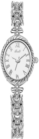 CARLIEN Fashion Vintage Gold Oval Quartz Watches for Women - Alloy Steel Band Slim Bracelet- - Roman Numerals Numbers - Dainty Elegant Dress Wristwatch Waterproof (Silver White)