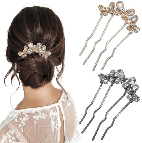 2Pcs French Hair Pins For Women, U Shaped Hair Pins, Pearl Hair Pins U Shaped for Buns, Elegant French Twist Hairpin for Women, Gold/Black Hairs Forks, Metal Fork Hairpins, 3.78 × 2.56 inches