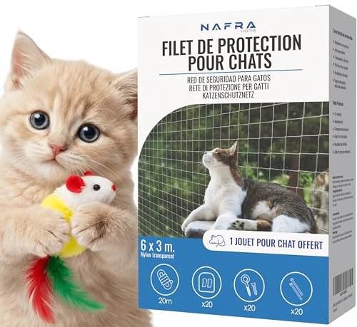 Nafra Home Filet Chat Balcon 6x3m Transparent – Protection Chat sans Percer ou avec Percage | Filet Fenetre Chat avec Kit Complet Inclus | Filet Securite Balcon Terrasse