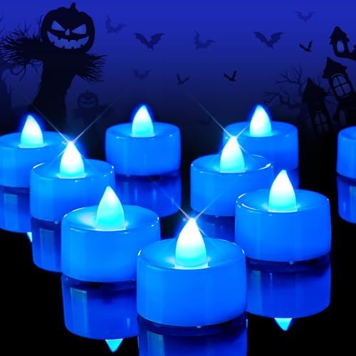 AMAGIC 24 Pack Blue Colour Flameless Tea Lights, Electric, Battery Candle | Bright for Banquet Decoration Home Atmosphere Creation Traditional Festivals Thrilling Nights Wedding Table Decorations