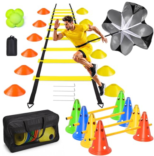 YHOTOGEA Football Training Equipment, Speed Agility Training Set with Agility Ladder 12 Rung 6M, 12 Disc Cones, 4 Hurdles with 8 Cones 4 Training Poles, 1 Reaction Ball, Resistance Parachute