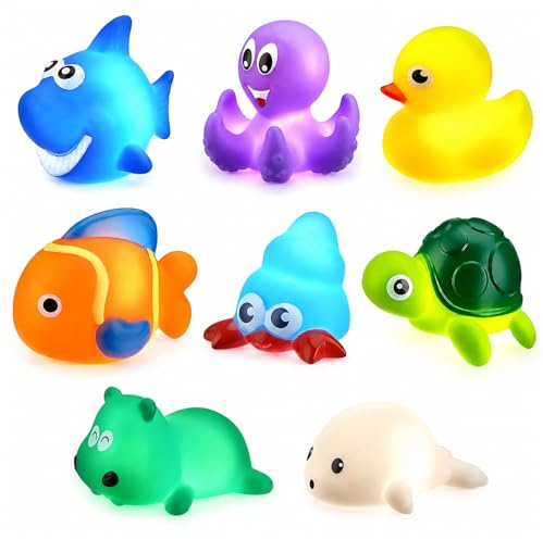 Juguete Baño para Bebés, 8 Piezas Juguetes Baño para Bebés, Juguetes de bañera con luz LED Colorida, Juguetes de baño iluminados, Juguetes Bañera, para Bañera, Ducha o Fiesta en la Piscina