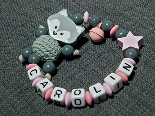 Remolque para cochecito/cadena para cochecito o anillo de agarre con nombre para niñas y niños regalo para nacimiento – Varios modelos Sonajero con forma de zorro y estrella, color rosa y gris