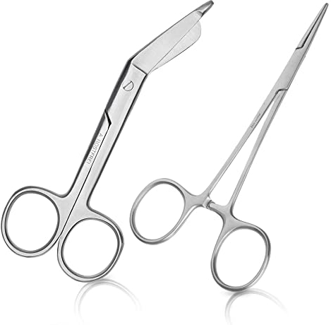 May Lot de 1 paire de ciseaux de premiers secours de 11,5 cm de long en acier inoxydable + 1 pince à pointe droite et rainurée de 12,5 cm de long en acier inoxydable