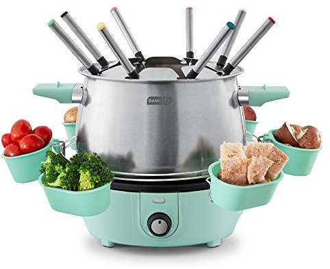 Dash Deluxe Fondue Maker - For Broth, Cheese & Chocolate - Comes with Color-Coded Fondue Forks, Cups, Rack & Recipe Guide - 3 Quarts, Aqua