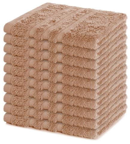 Lavea® Juego de 10 Toallas de Lavabo 30x30 cm de Rizo 100% Algodón - Suaves y Absorbentes – Toallas para lavarse la Cara – Ideales para Casa, Hotel y SPA – Capuchino