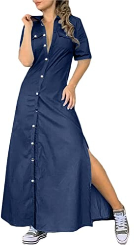 ORANDESIGNE Robe Été Femme De Plage Rétro Denim Robes Col V Casual Tuniques Ample Chemise Longue Chemisier en Jean Maxi Robe Q Bleu Foncé 42