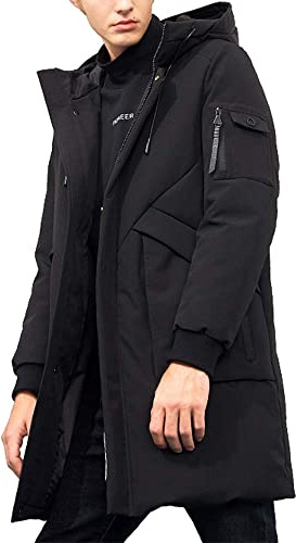 Manteaux d'hiver pour hommes imperméables à capuche coupe-vent épais parka longue rembourrée en duvet, Noir , XL haut