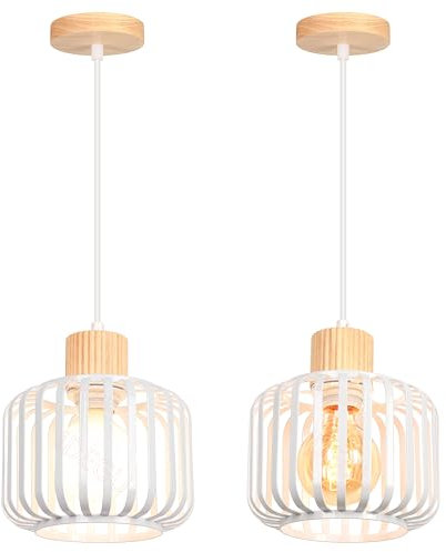 iDEGU 2 Piezas Lámparas Colgantes Vintage 18cm Lámpara de Techo Industrial en Madera y Metal Jaula E27 Iluminación de Techo Retro Luz Colgante para Dormitorio Salón Cocina Comedor Cafetería (Blanco)
