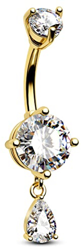 CM Crareesi Mania Dangle Teardrop Belly Button Bar 14G Stainless Steel Sterling Silver Gold Belly Bar CZ Navel Piercing Jewellery for Women