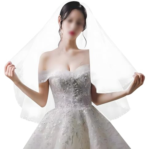 Teegxddy Brautschleier,Schleier Braut Schleier Perlmutt-Doppelschleier Brautschleier Mit Haarbürste Ideal Für Hochzeiten, Heiratsanträge, Hochzeitsfotos,Länge: 80cm