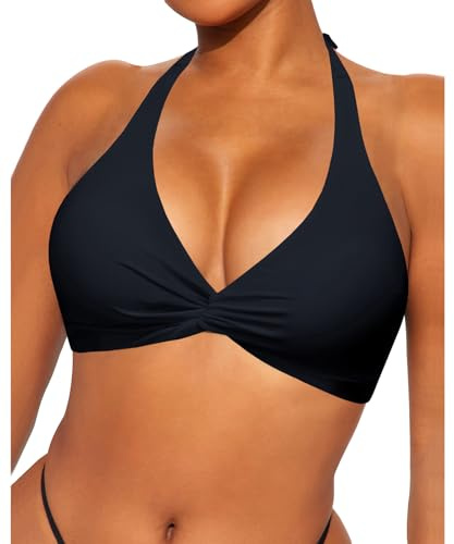 Coloquin Women Push Up Bikini Top Halter Triangle Bikini Swimming Tops Padded Swimwear Black S