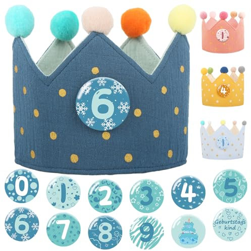 Tutukyle Geburtstagskrone Musselin mit Zahlen Geburtstagskrone Junge & Mädchen Krone Geburtstag Seegrün mit Button Zahlen von 0-10 Geburtstagskrone Kinder Party Deko Hut für Kindergeburtstag