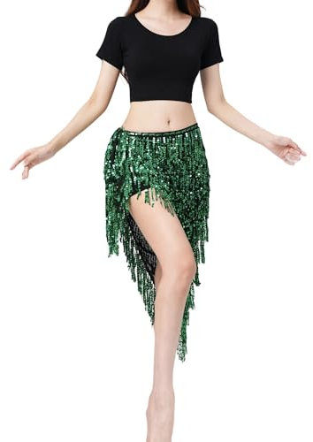 MUNAFIE Bauchtanz Hüfttuch Pailletten Fransen Glitzer Rock Festival Outfit Damen Grün