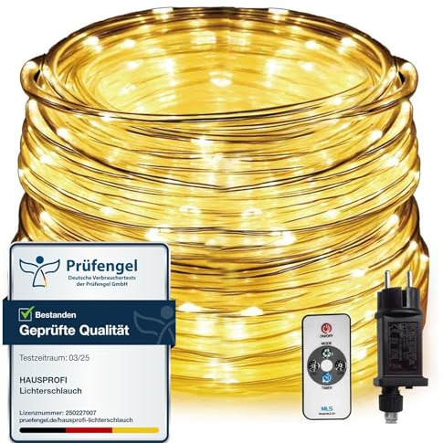 HAUSPROFI Tubo luminoso a LED, 40 m, 800 LED, con telecomando, per interni ed esterni, 8 modalità, dimmerabile, per Natale, feste, bianco caldo, diametro 5 mm