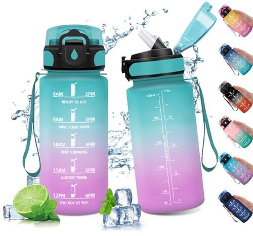 Borraccia 500ml , Bottiglia Riutilizzabile, Borraccia con Cannuccia, Bottiglia Acqua a Prova di Perdite, Bottiglia Acqua con indicatore Orario, Borracce per Bambini, Bici, Scuola, Fitness, Sport