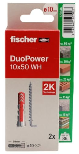 fischer - Duopower 10 x 50 avec douchette - 2U, chevilles murales multi-matériaux, pour accrocher des vélos, des cadres, des armoires, des supports de télévision, des étagères, des meubles.