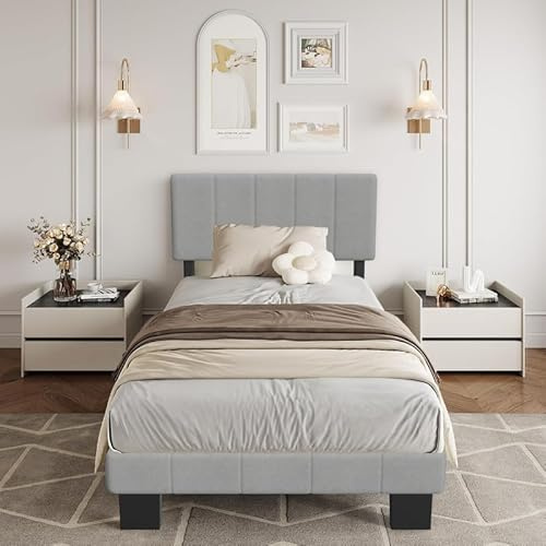 YIDATONG Letto Imbottito 90x200 cm, Rete letto a Doghe in Metallo e Contenitore Spazio, Letto per Singolo con Testiera Regolabile, Struttura Letto in Legno Solida, Facile da Montare