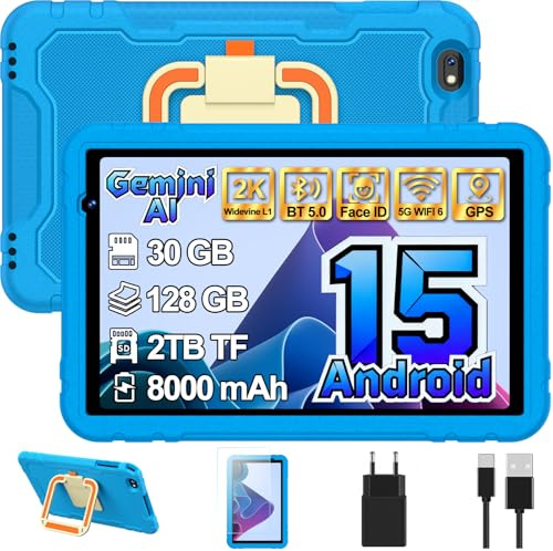 Tablet niños 10 Pulgadas Android 15 con Gemini AI 30 + 128GB (TF 2TB), Octa-Core, GPS, WiFi 6, Widevine L1, 8000mAh, Control Parental, Protective Antichoque Eva + Soporte giratorio de 360° - Azul