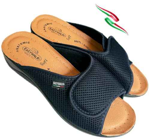 EASYWALK Pantoufles sanitaires légères à scratch pour femme, semelle anatomique, confortable, fond souple, pantoufles Primula, végétaliennes, fabriquées en Italie, bleu foncé, 37 EU