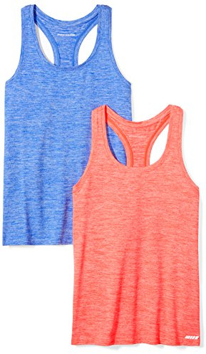 Amazon Essentials Top Deportivo sin Mangas de Secado Rápido, Elástico, Espalda Cruzada y Cuello Redondo Mujer, Paquete de 2, Azul Claro Teñido Multicolor/Naranja Coral Teñido Multicolor, M