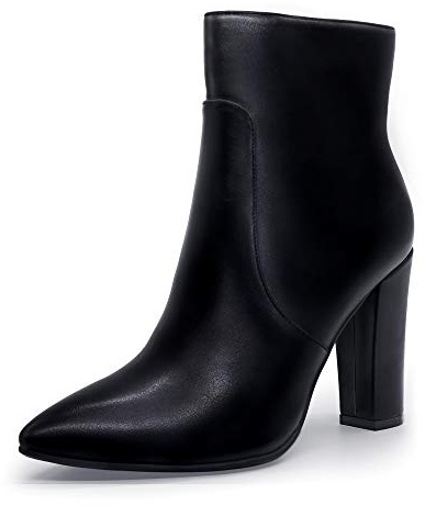 IDIFU Women's Dress Pointed Toe Short Boots Chunky High Heels Side Zipper Ankle Booties (Black Pu, 8.5)