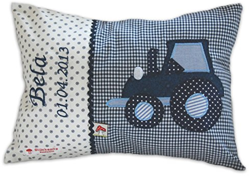 Glückspilz Namenskissen Babykissen I Traktor Trecker I Dekokissen Kind mit Namen Bestickt personalisiert I Blau I 30 x 45 cm