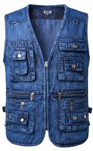 KTWOLEN Gilet en Jeans pour Homme Vintage Multi-poches Gilet de Motard Veste en Jean Sans Manches Rétro Veste Denim Gilet de Pêche Travail Chasse