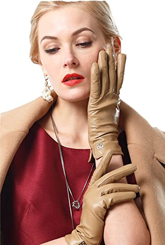 NappaNovum Women's Italian Leather Gloves Lambskin Winter Comfort Gloves (Touchscreen or Non-Touchscreen) (M, Camel)