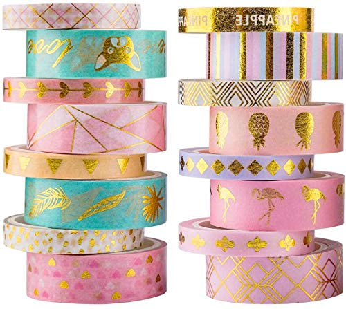 YUBX 16 Rollo Gold Washi Tape Set de cinta adhesiva decorativa VSCO para manualidades, periódicos bala diarios, planificadores, álbumes de recortes, embalaje (Gold 16)
