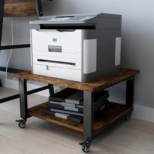 PUNCIA 2-Ebene Druckertisch mit Universalrollen 50 x 50 x 30 cm mobiler Druckerständer aus Holz & Metall Druckerwagen Aufbewahrungsregal bis zu 70 kg belastbar für Büro Zuhause Office Schule Retro