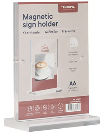 EUROPEL Luxe Tischaufsteller DIN A6, T-Aufsteller, mit Magneten, Hochformat, Acryl, Speisekarten & Prospekthalter für Restaurants, Hotels, Konferenz & Rezeption, freistehend & doppelseitig verwendbar