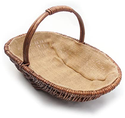Jones & Grey Medium Brown Wicker Willow Trug Oval Garden Basket Hessian Lined, Size Large 50cm x 31cm