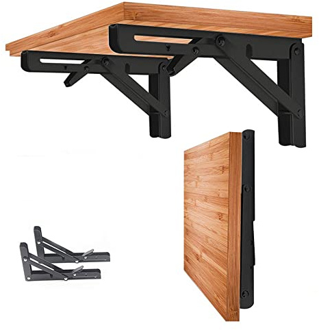 Hniuyun 2Pcs Folding Shelf Brackets, Heavy Duty Stainless Steel Shelf Bracket for Table Work Space Saving DIY Bracket（Black） (20cm)