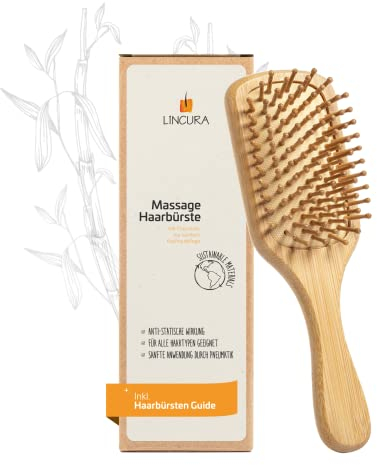 LINCURA Spazzola per capelli sostenibile in legno di bambù, spazzola massaggiante, spazzola districante in bambù, setole naturali senza tirare, doppie punte anti-crespo