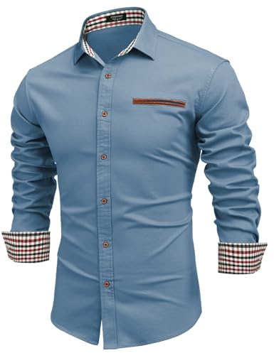 COOFANDY Men's Long Sleeve Denim Shirts with Checked Collar | Smart Casual Cowboy Shirt, Button Down Work Dress Shirt, Vintage Western Shirts for Men, Slim Fit, S-4XL