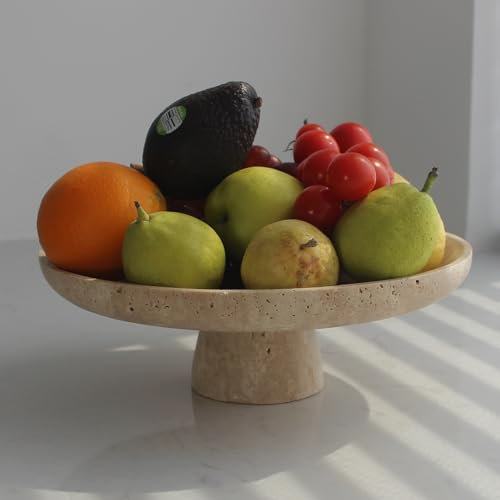 Natural Travertine Fruit Bowl for Kitchen Counter, Large Decorative Bowl Pedestal for Home Decor, Fruits Holder for Dining Table - Kitchen Organization (Beige Travertine)