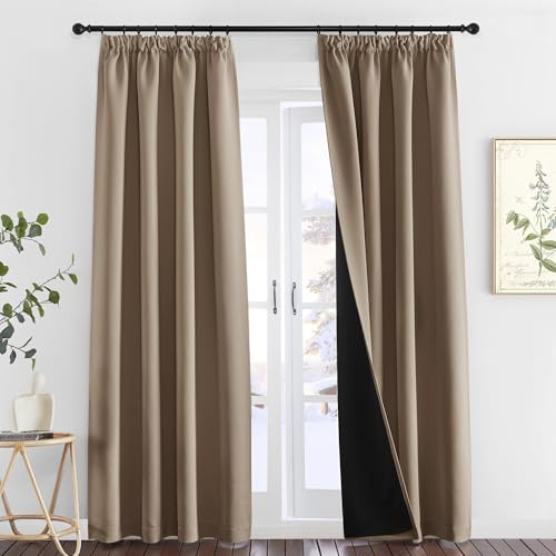 PONY DANCE 100% Blackout Pencil Pleat Curtains - Double Layered, Short Thermal Insulated Curtains & Drapes for Bedroom/Kitchen, 2x W55 X L86, Mocha