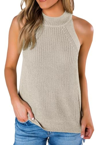 Saodimallsu Damen Sommer Strick Tanktop Ärmellose Rundhals Tank Tops Casual Knit Cami Top Sexy Oberteile, Khaki, S