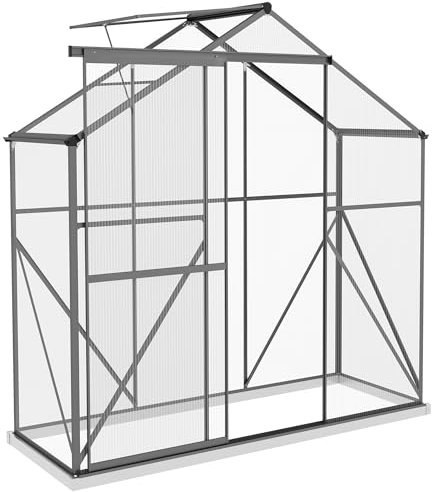 Outsunny 6 x 2.5ft Polycarbonate Greenhouse, Walk-In Green House with Sliding Door, 5-Level Roof Vent, Rain Gutter, Garden Plants Grow House with Aluminium Frame and Foundation, Dark Grey