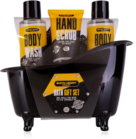Accentra BATH & BODY TOOLKIT Coffret cadeau pour homme dans baignoire décorative, 2 x 100 ml, gel douche de 50 ml et gommage pour les mains et éponge en maille, kit d'entretien 4 pièces pour homme,