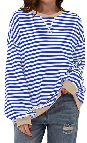 Timuspo Sweatshirt dam oversize rund hals långärmad basic färgglad randig topp lös passform Y2k tröja långärmad utan huva färgblock randig skjorta toppar, blå, S